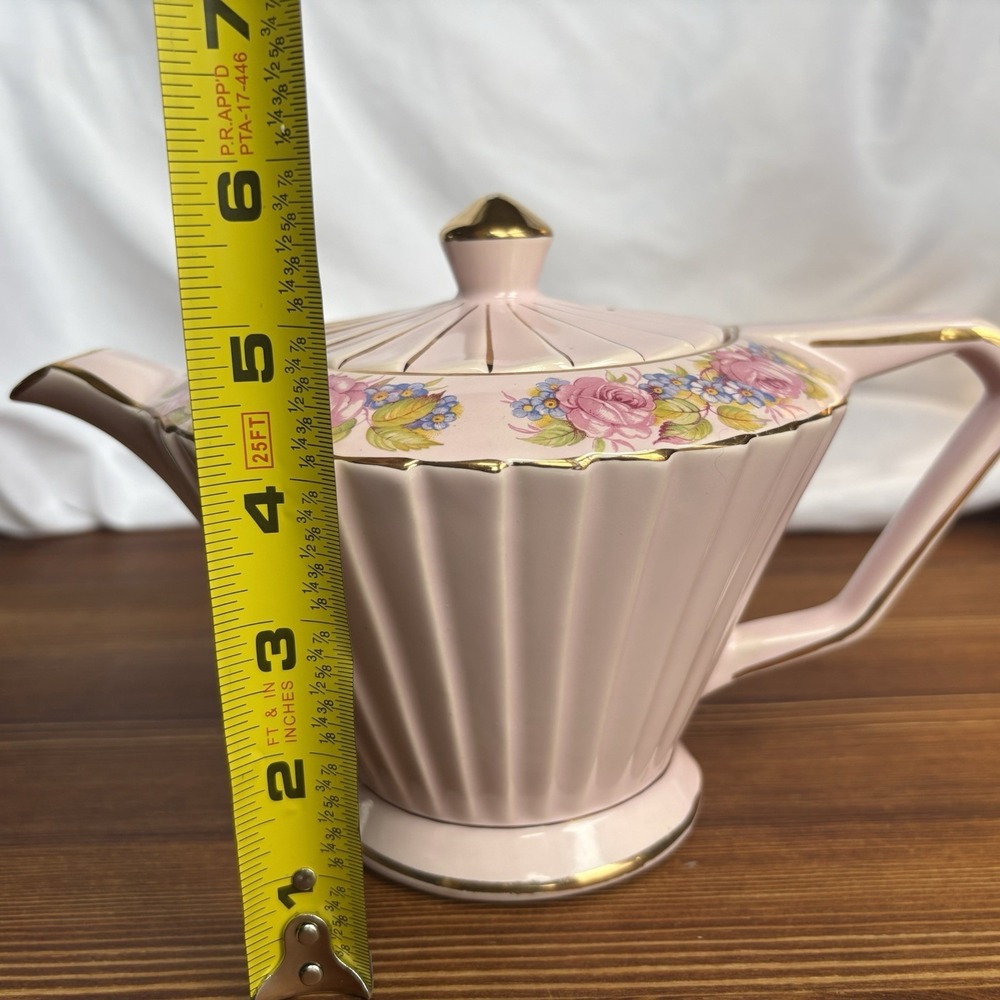 Vintage Sadler Pink Art Deco Teapot Starburst Floral Gold Gilt England 1940s - Picture 14 of 16